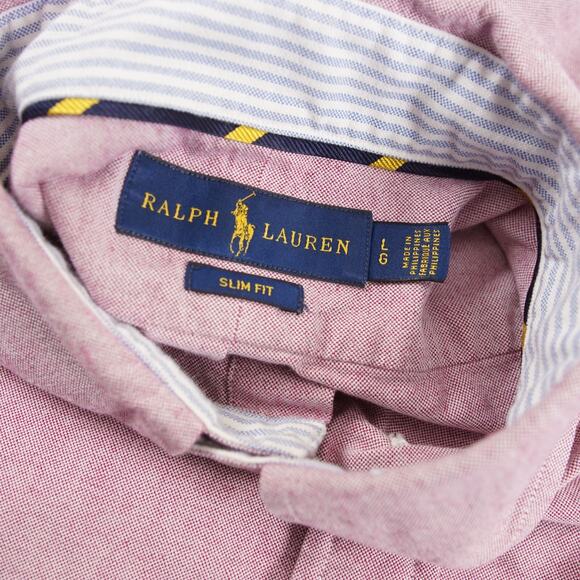 Ralph Lauren Slim Fit Long Sleeve 100% Pique Cotton Red Pink Button Down Shirt L - Picture 7 of 9